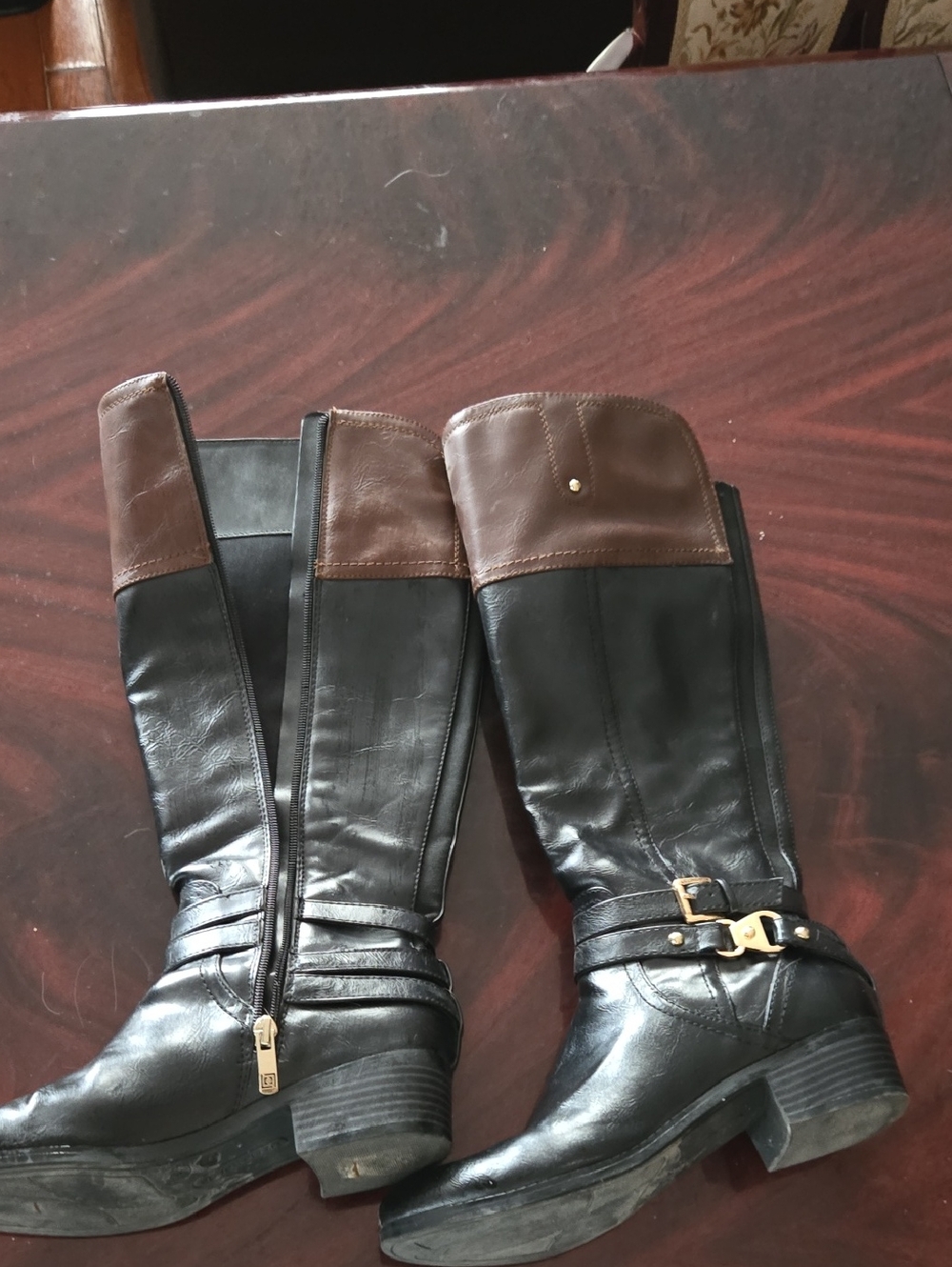 Liz Claiborne Black and Brown Leather Knee-High Heeled Boots